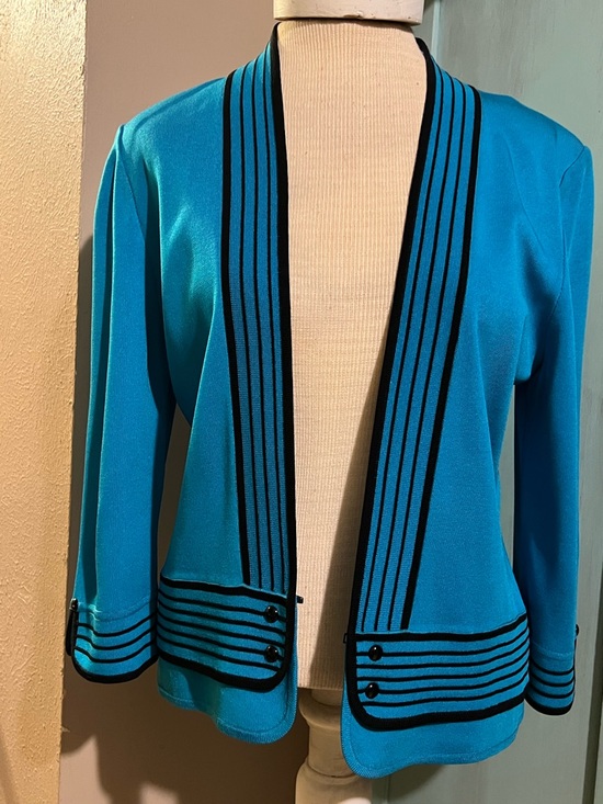 Toula Jackets & Blazers - VTG Toula Blue Black Knit Open Front Cardigan Sweater jacket  Size XS Academia